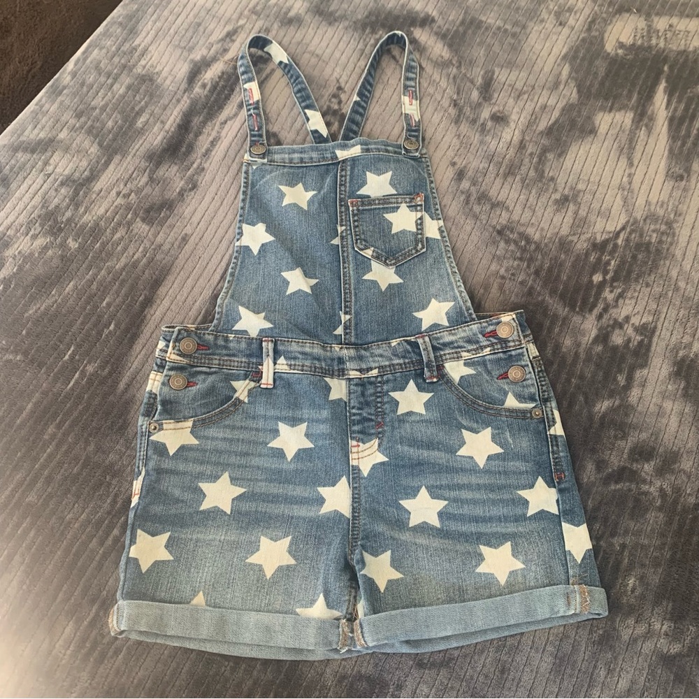 Cat & Jack Patriotic Star Stretch Cuffed Shortalls Overalls L 10-12 July 4th